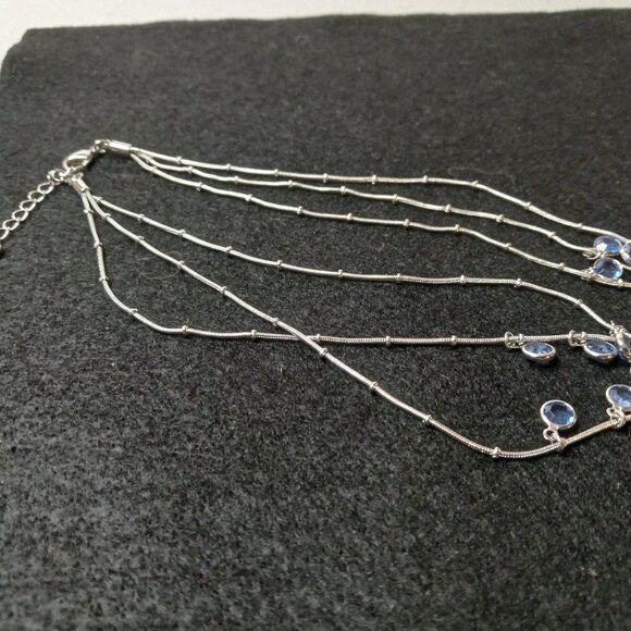 Silver tone Three Strand Multi layer Blue Rhinestone Collar Necklace - Picture 6 of 7